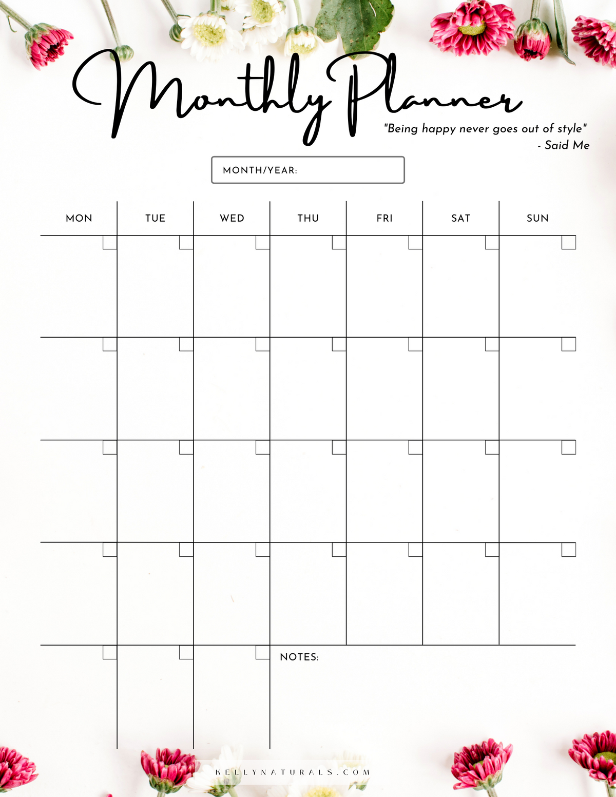 Sweet Flower Monthly Planner Page