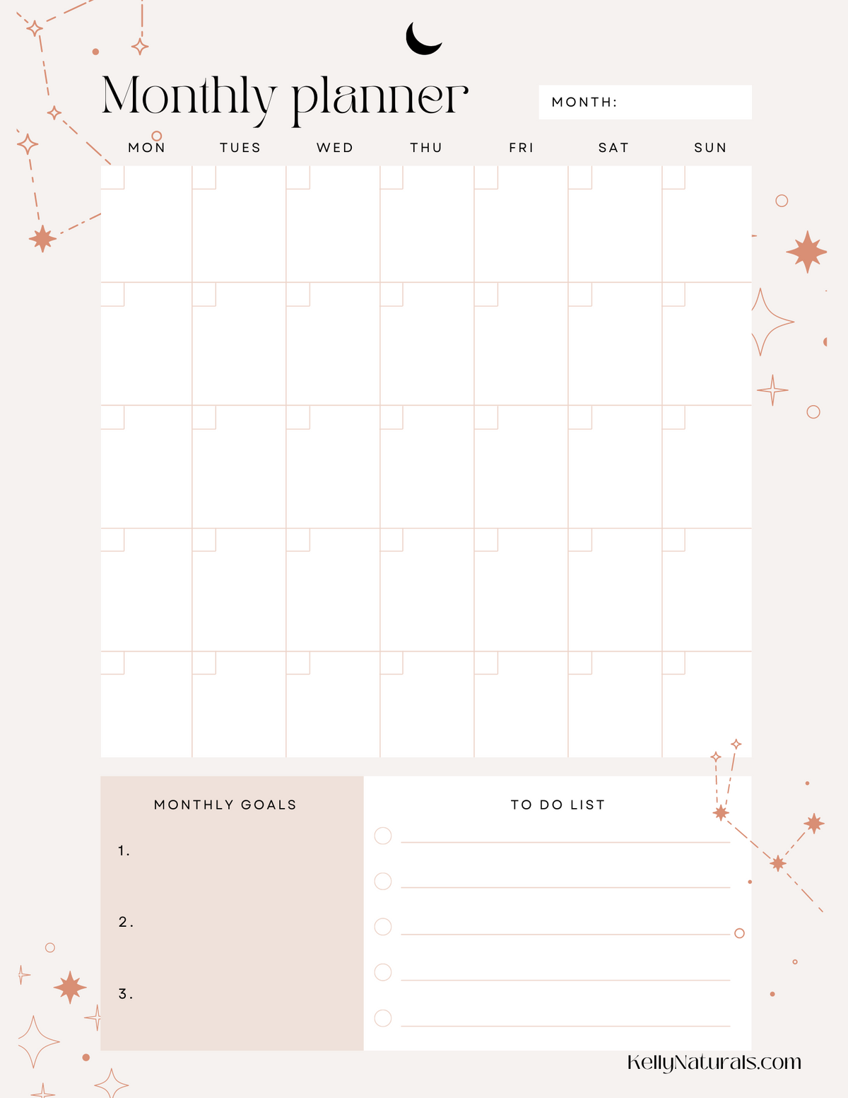 Sweet Moon and Stars Monthly Planner Page